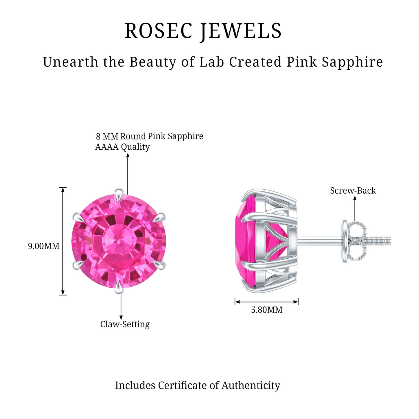 Certified 8 MM Round Lab Created Pink Sapphire Stud Earrings
