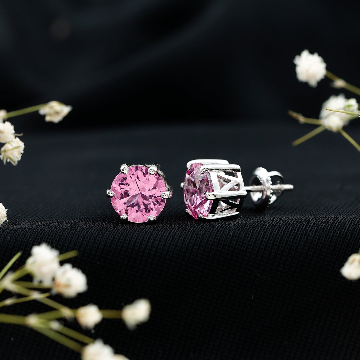 Certified 8 MM Round Lab Created Pink Sapphire Stud Earrings