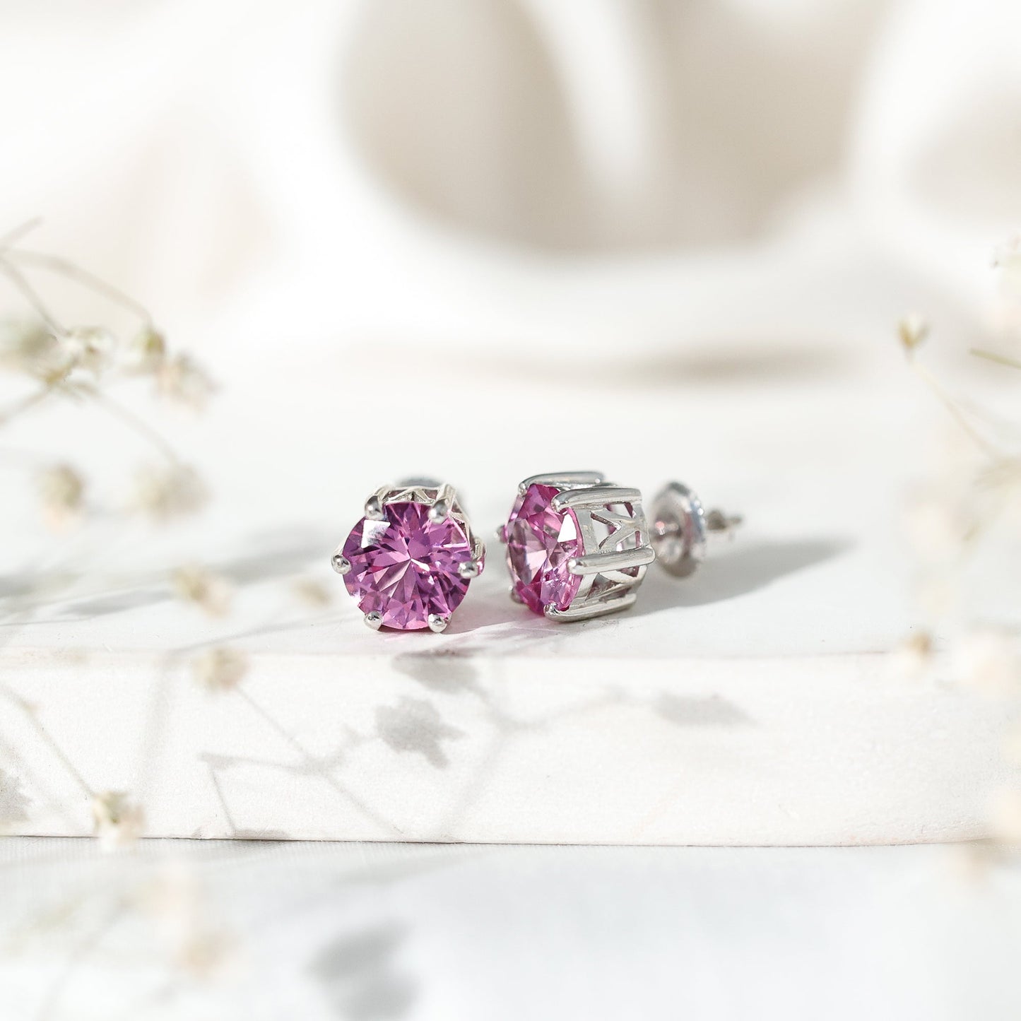 Certified 8 MM Round Lab Created Pink Sapphire Stud Earrings