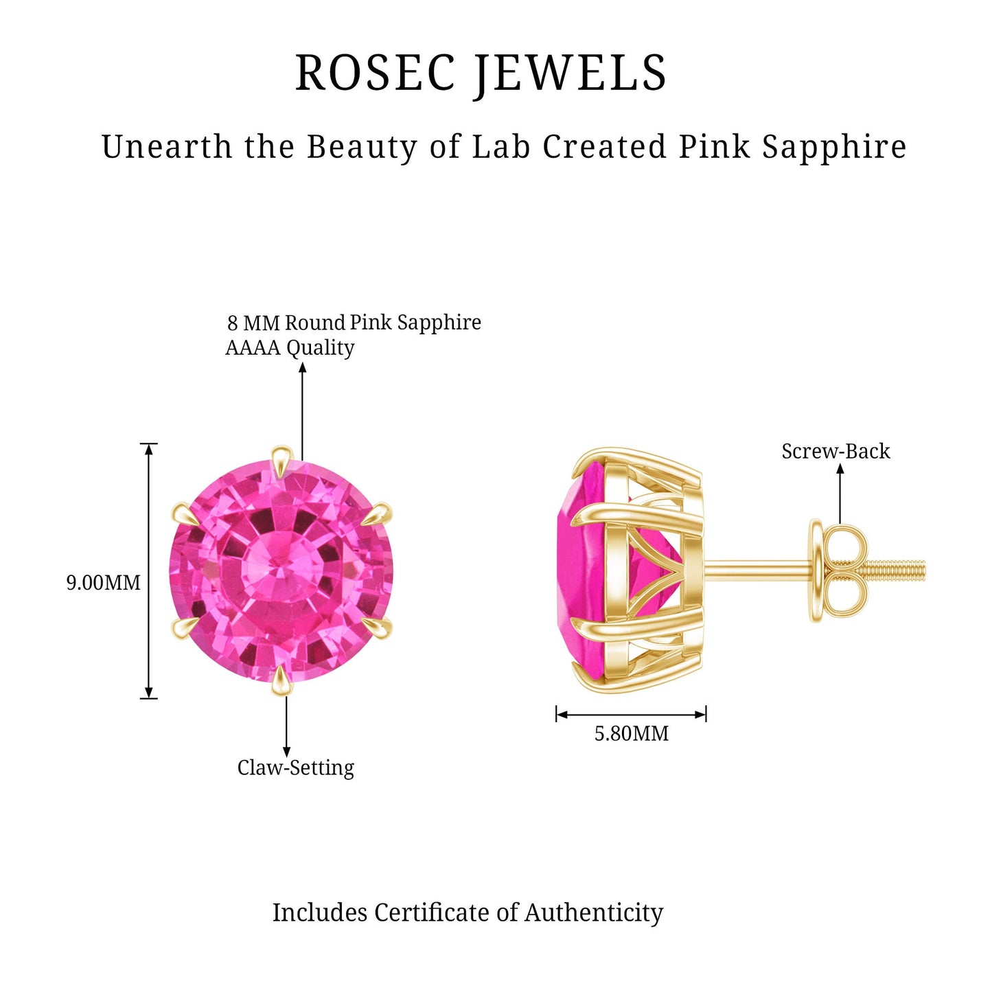 Certified 8 MM Round Lab Created Pink Sapphire Stud Earrings