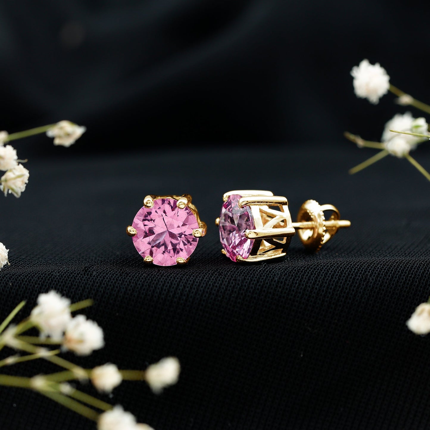 Certified 8 MM Round Lab Created Pink Sapphire Stud Earrings