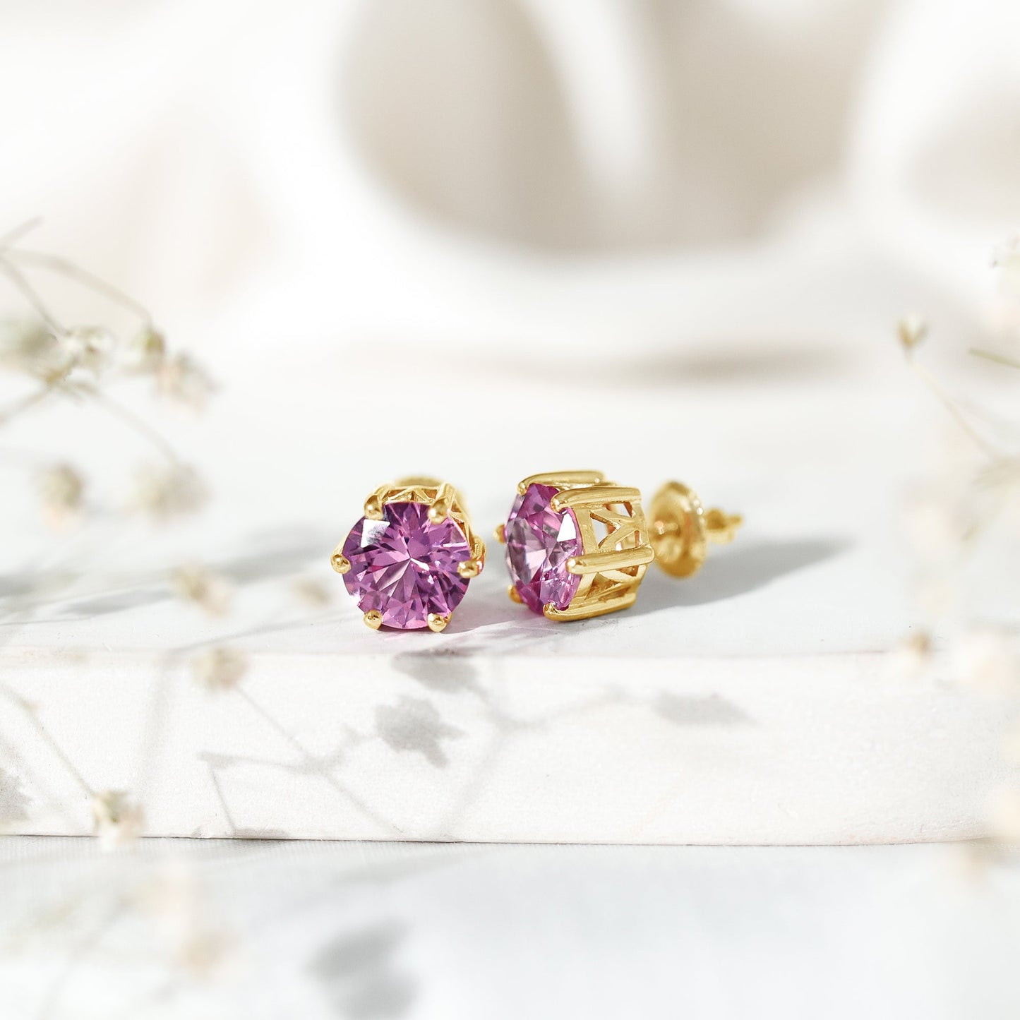 Certified 8 MM Round Lab Created Pink Sapphire Stud Earrings