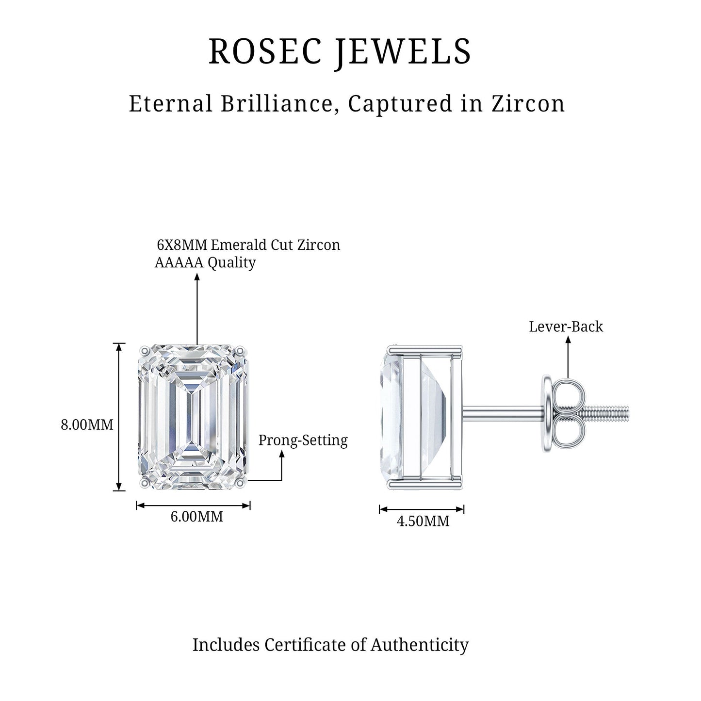 Certified 3.7 Carat Cubic Zirconia Emerald Cut Stud Earrings with Screw Back