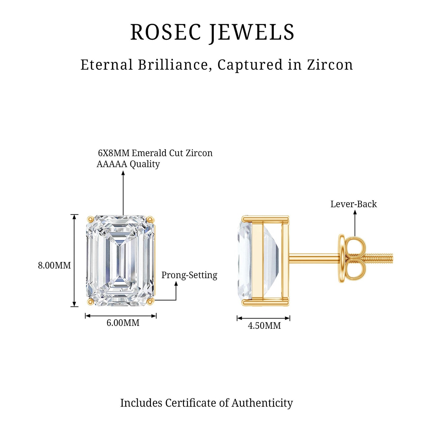 Certified 3.7 Carat Cubic Zirconia Emerald Cut Stud Earrings with Screw Back