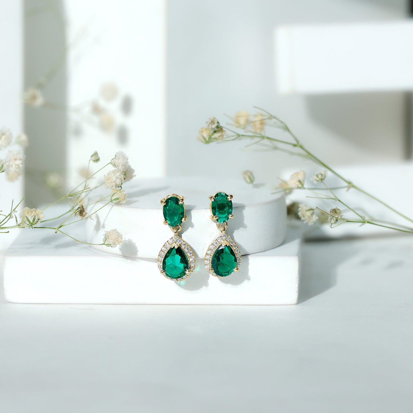 4.25 CT Created Emerald Classic Dangle Earrings with Moissanite
