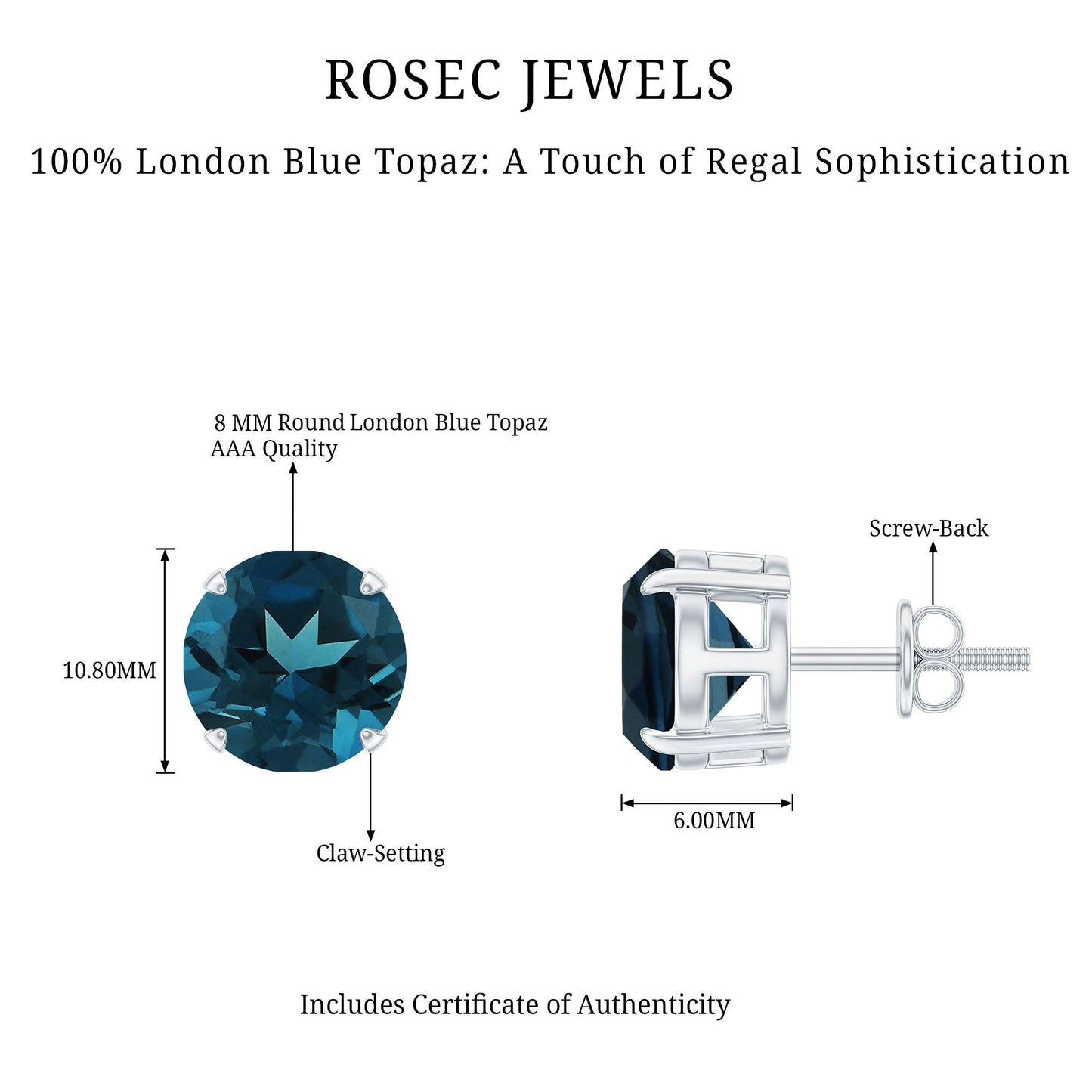 Solitaire 8MM London Blue Topaz Stud Earrings with Screw Backs