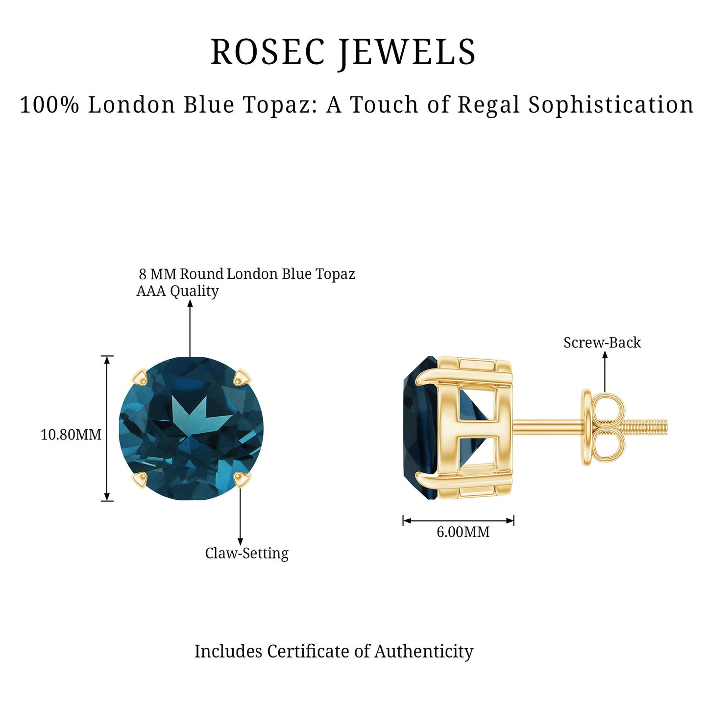Solitaire 8MM London Blue Topaz Stud Earrings with Screw Backs
