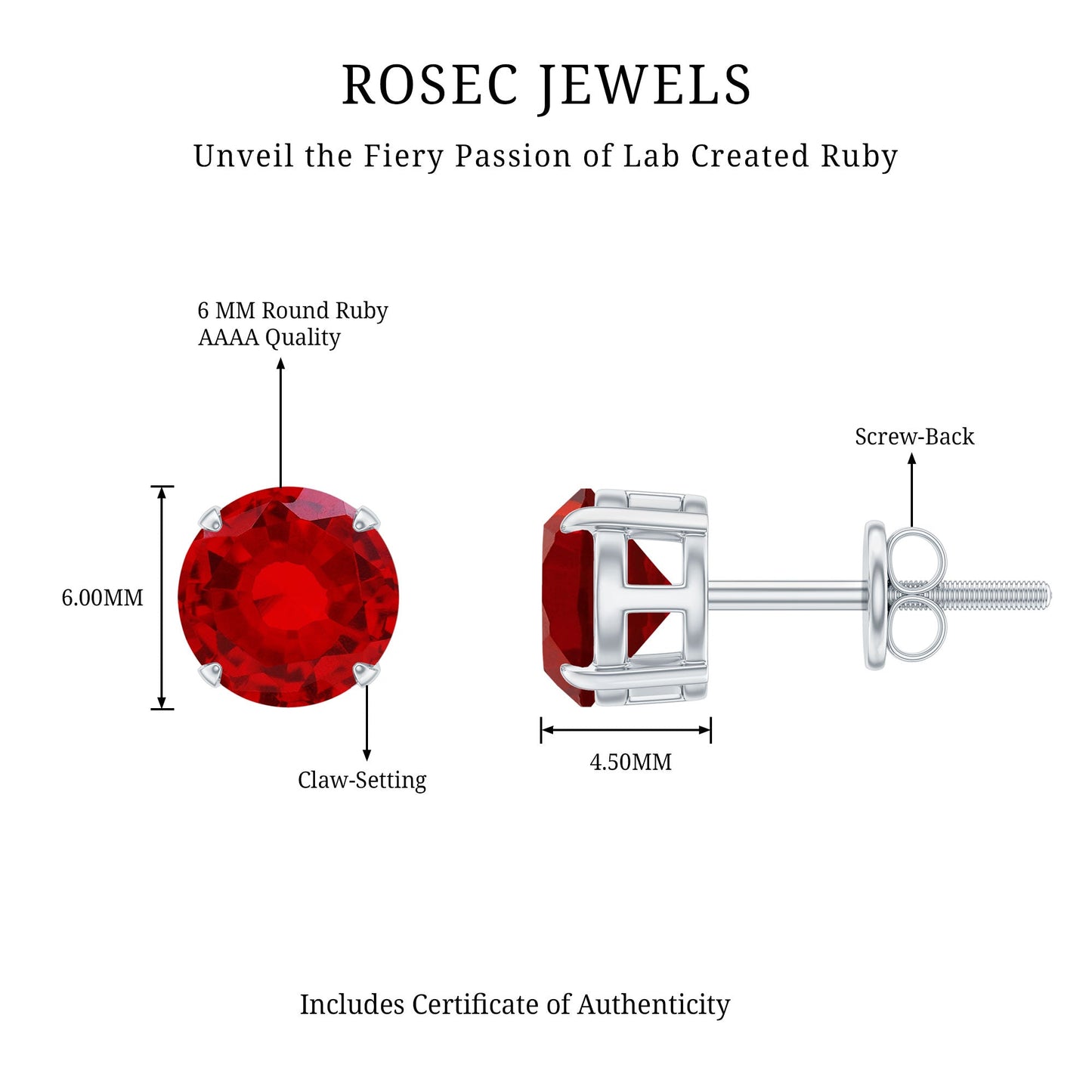 6 MM Round Cut Solitaire Lab Created Ruby Silver Stud Earring for women