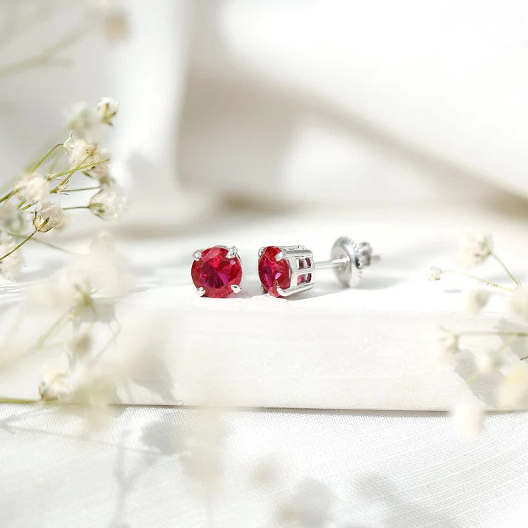 6 MM Round Cut Solitaire Lab Created Ruby Silver Stud Earring for women