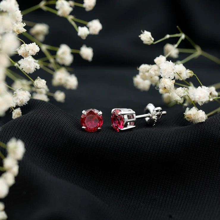 6 MM Round Cut Solitaire Lab Created Ruby Silver Stud Earring for women