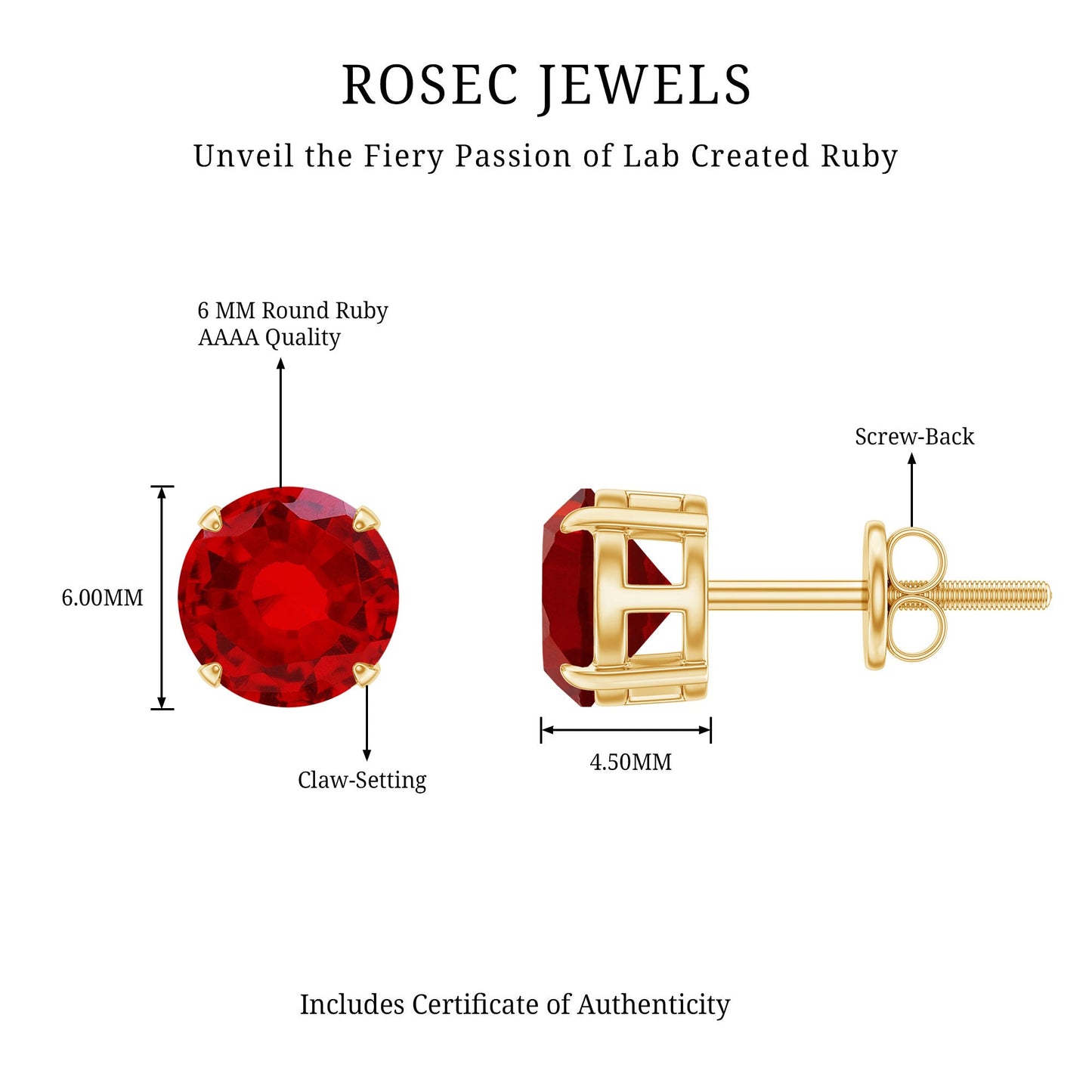 6 MM Round Cut Solitaire Lab Created Ruby Stud Earring for women