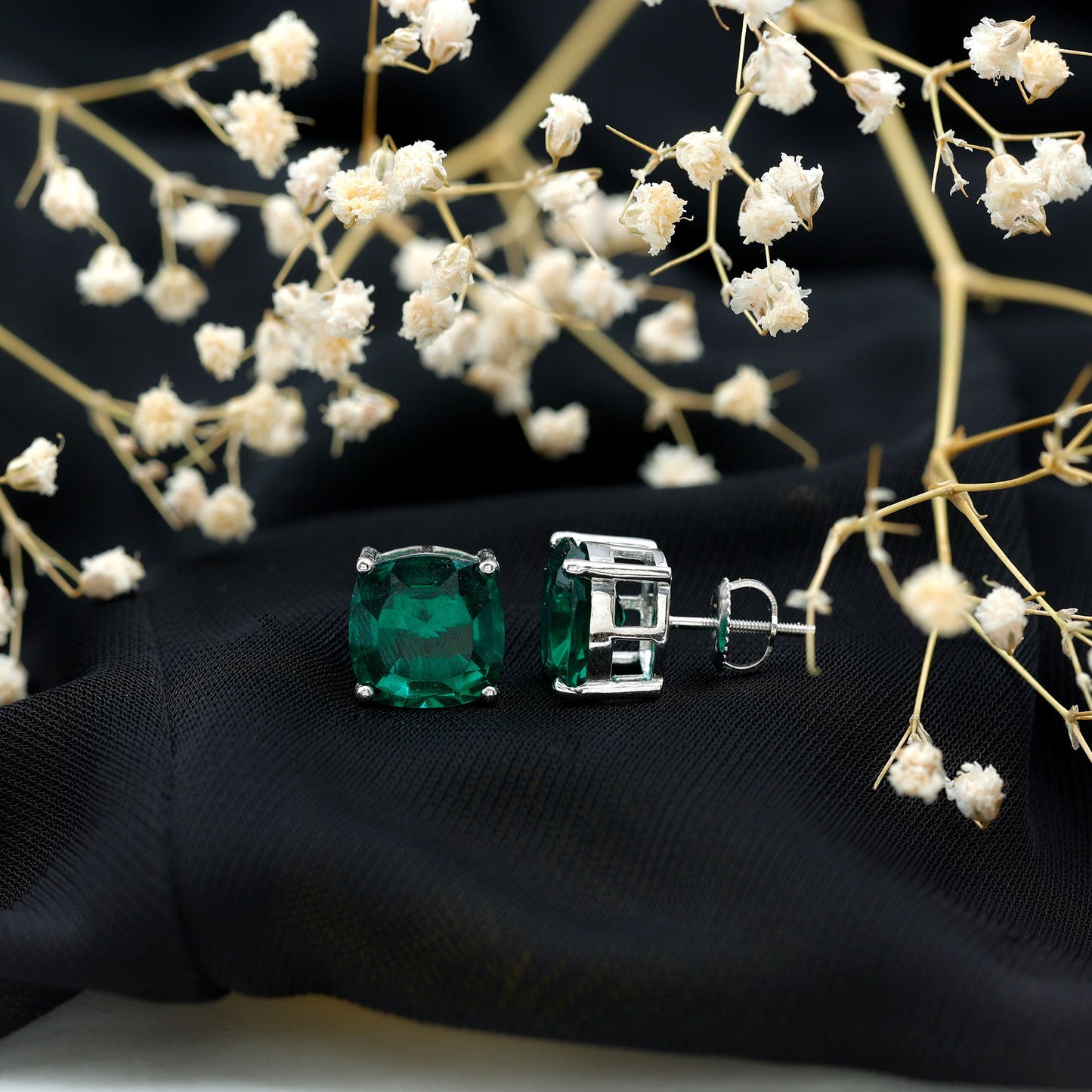10 MM Cushion Cut Created Emerald Solitaire Stud Earrings