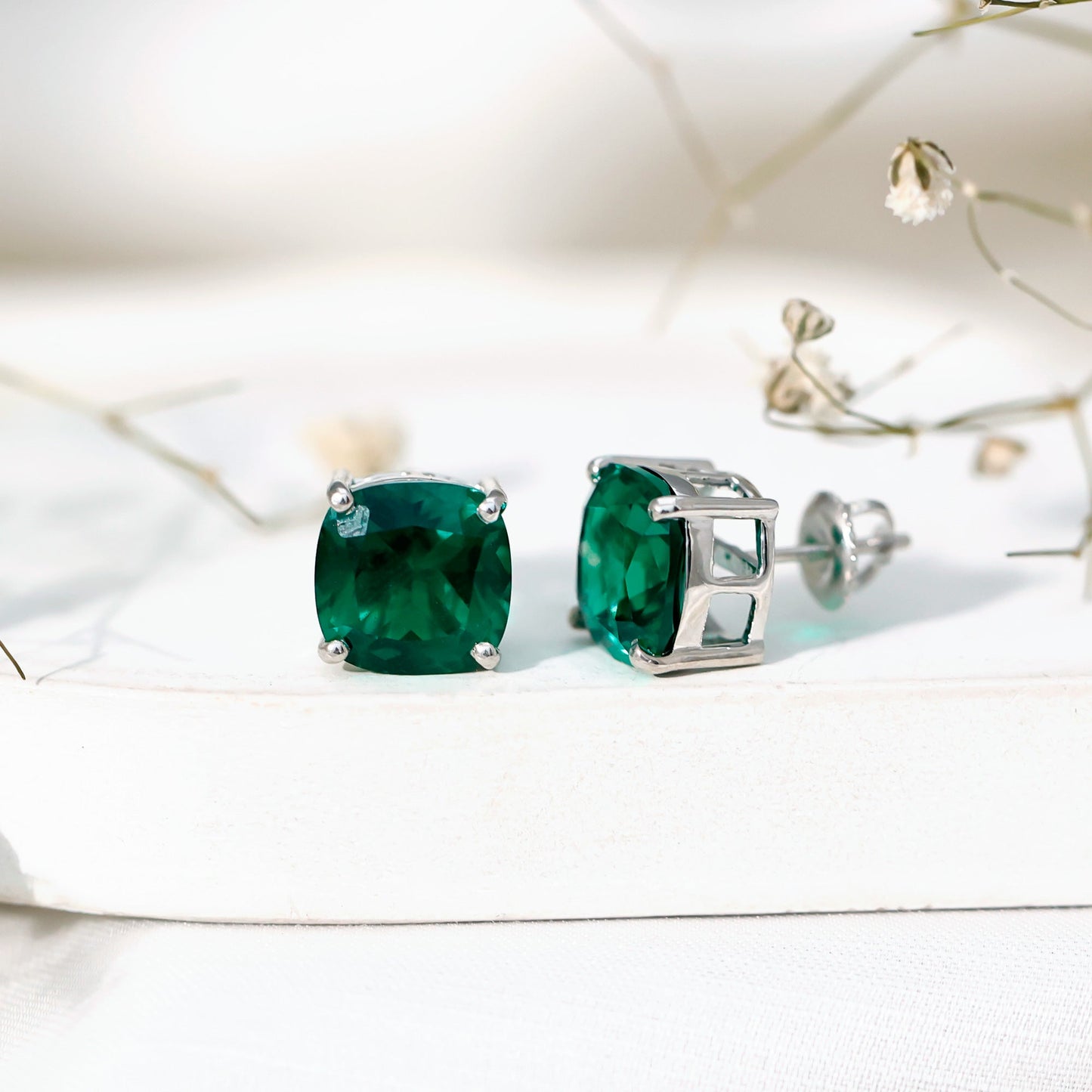 10 MM Cushion Cut Created Emerald Solitaire Stud Earrings