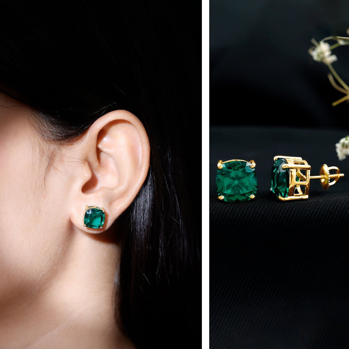 10 MM Cushion Cut Created Emerald Solitaire Stud Earrings