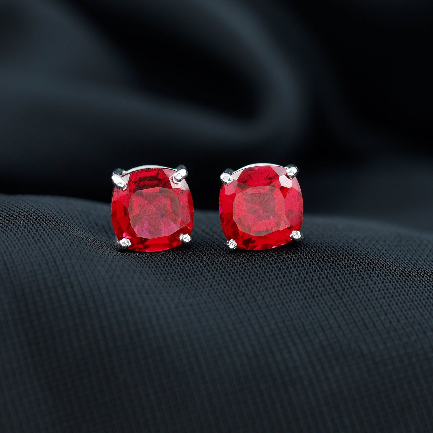 8MM Cushion Cut Created Ruby Solitaire Stud Earrings