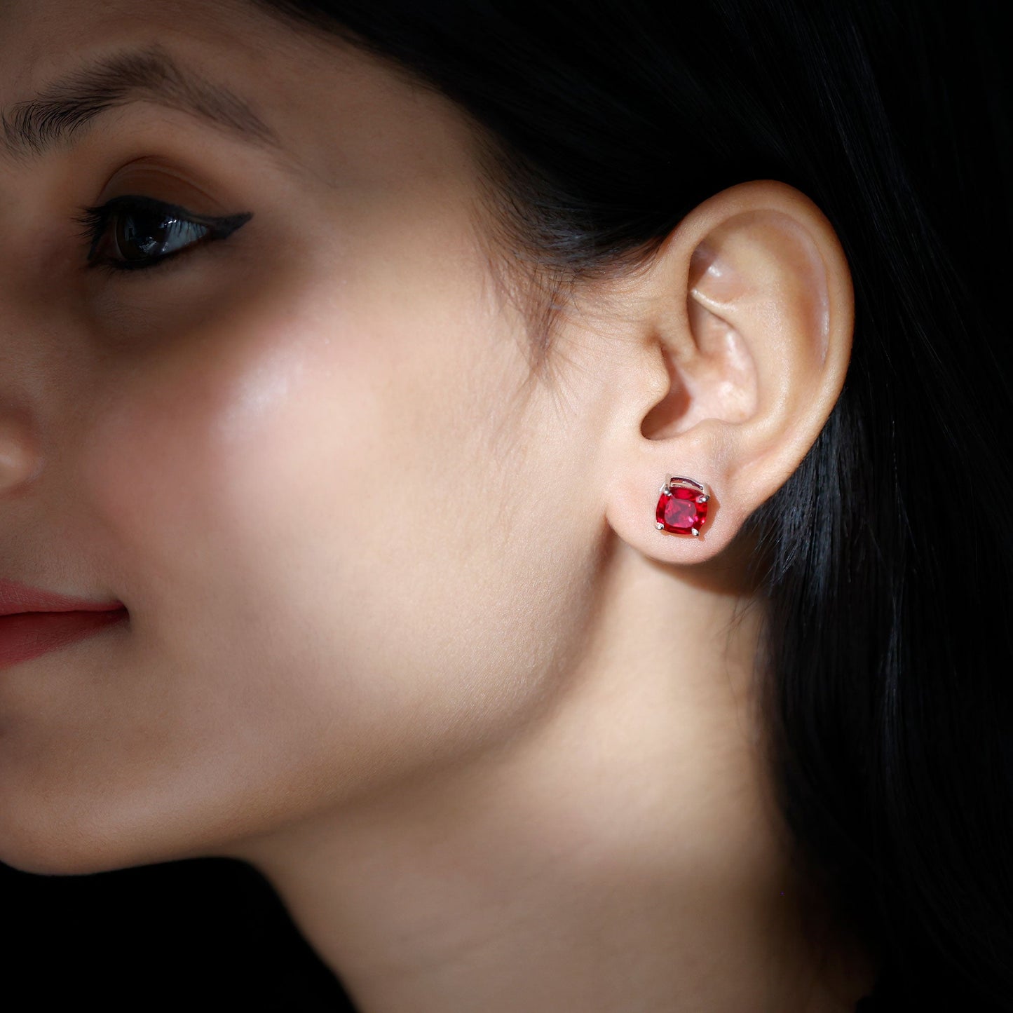 8MM Cushion Cut Created Ruby Solitaire Stud Earrings