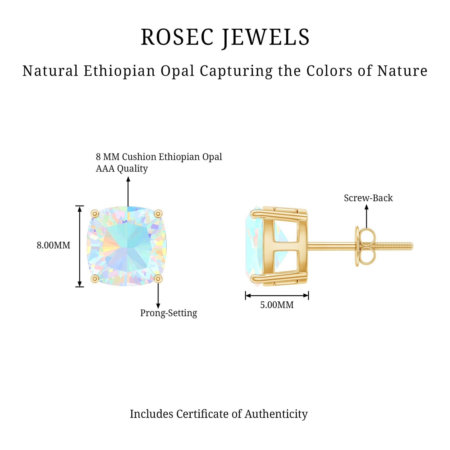 3 Carat Cushion Cut Ethiopian Opal Solitaire Stud Earrings