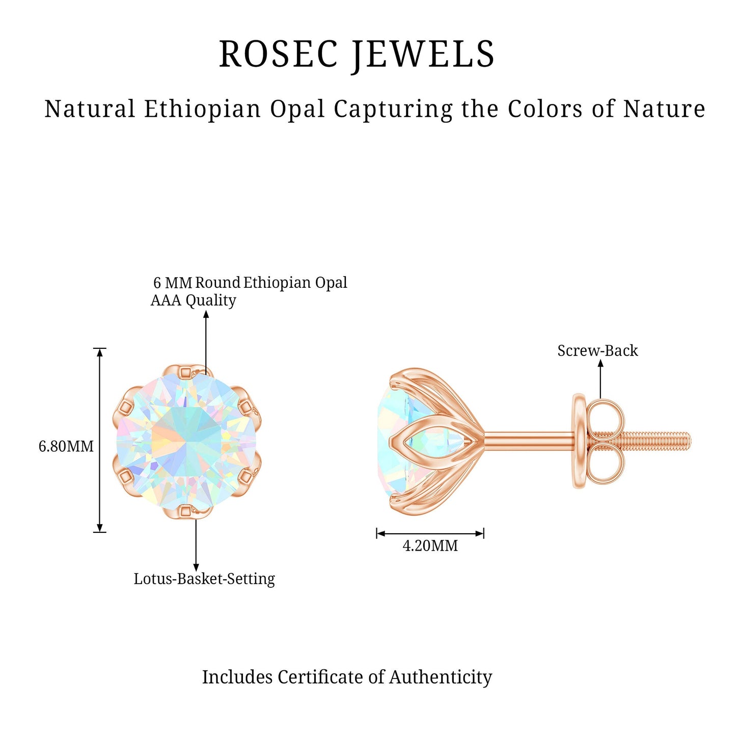 Natural 6mm Opalescent Earrings with Screw Back
