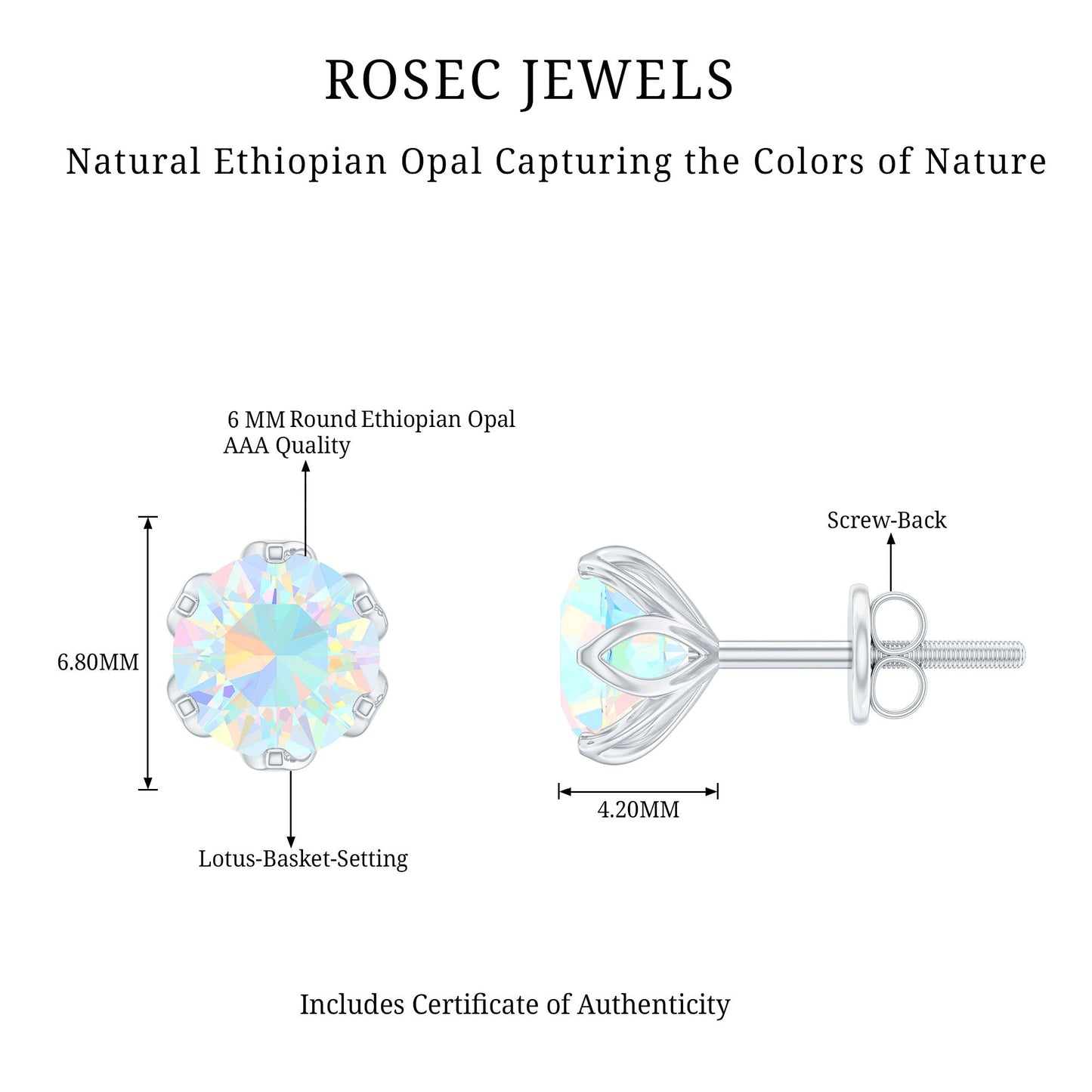 Natural 6mm Opalescent Earrings with Screw Back