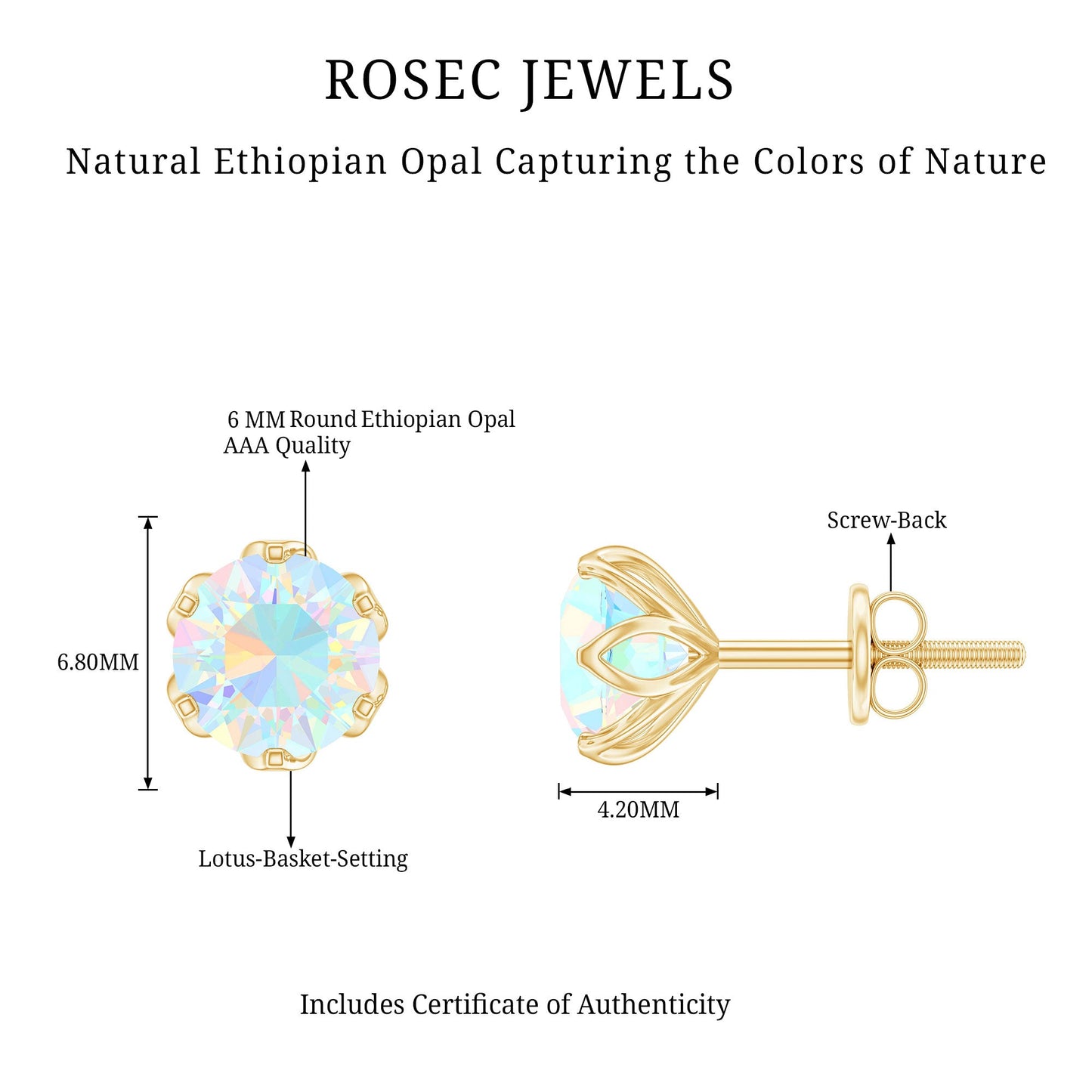 Natural 6mm Opalescent Earrings with Screw Back