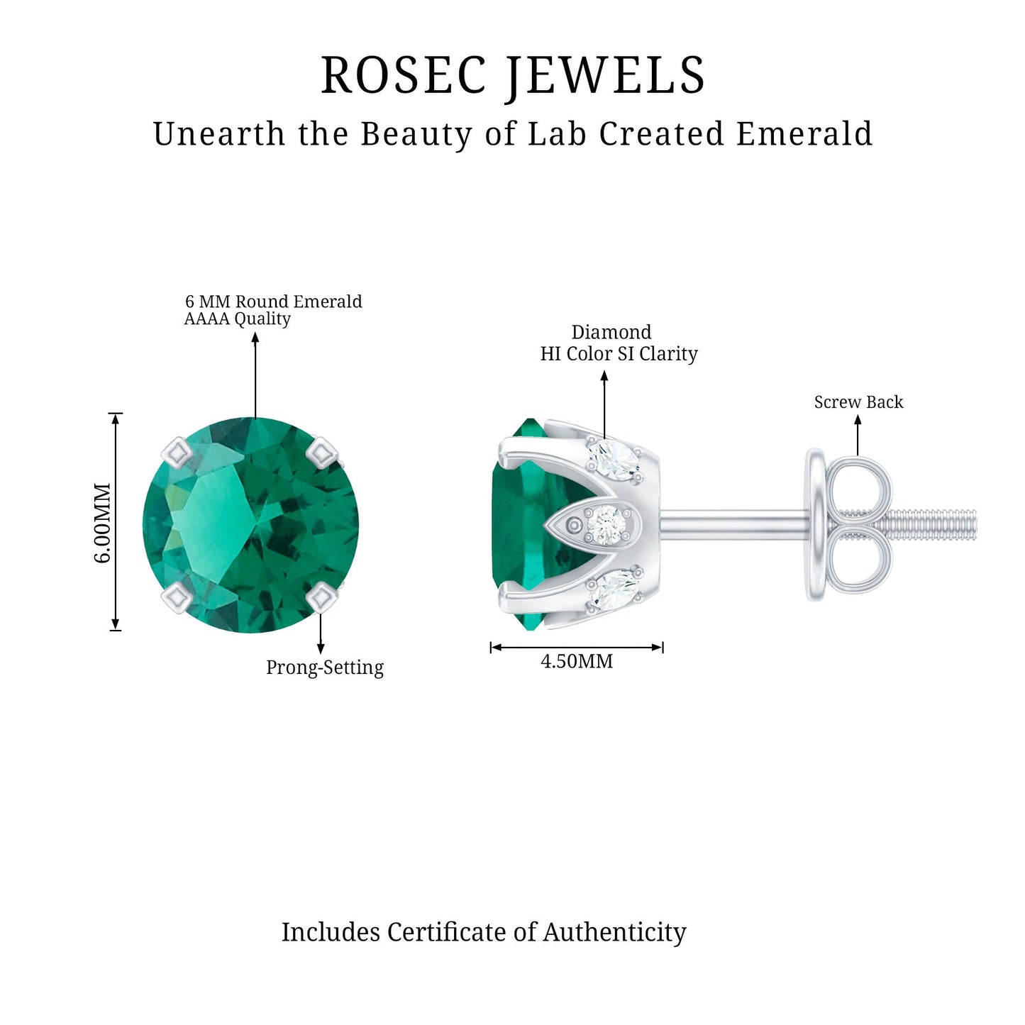 Round Lab Created Emerald Solitaire Stud Earrings with Diamonds