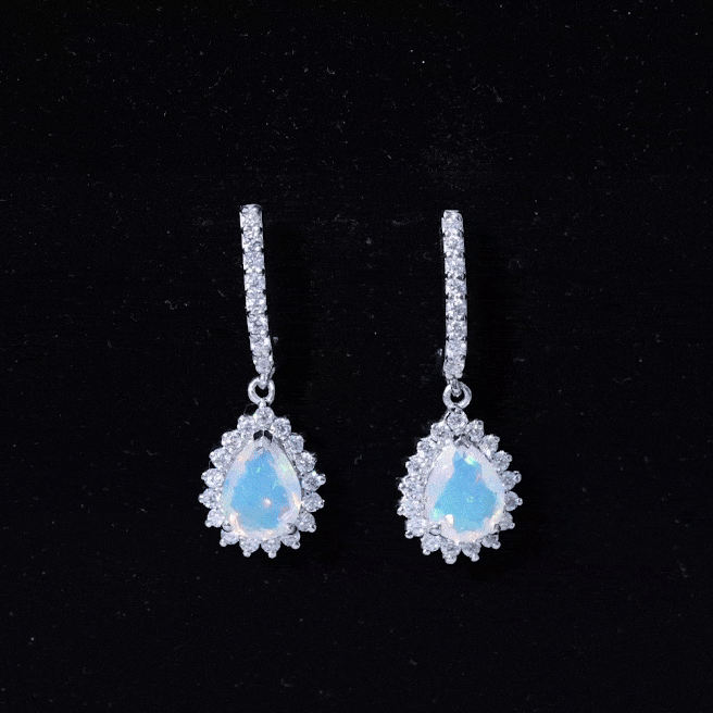 1.4 Carat Ethiopian Opal Teardrop Earrings with Moissanite Halo