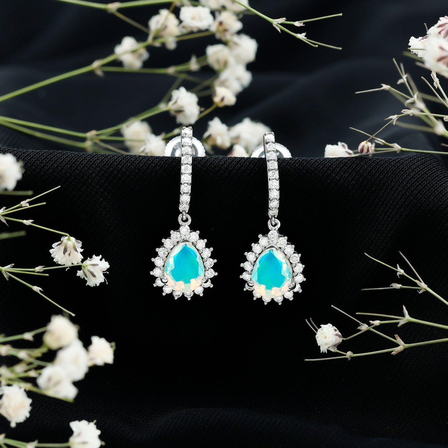 1.4 Carat Ethiopian Opal Teardrop Earrings with Moissanite Halo