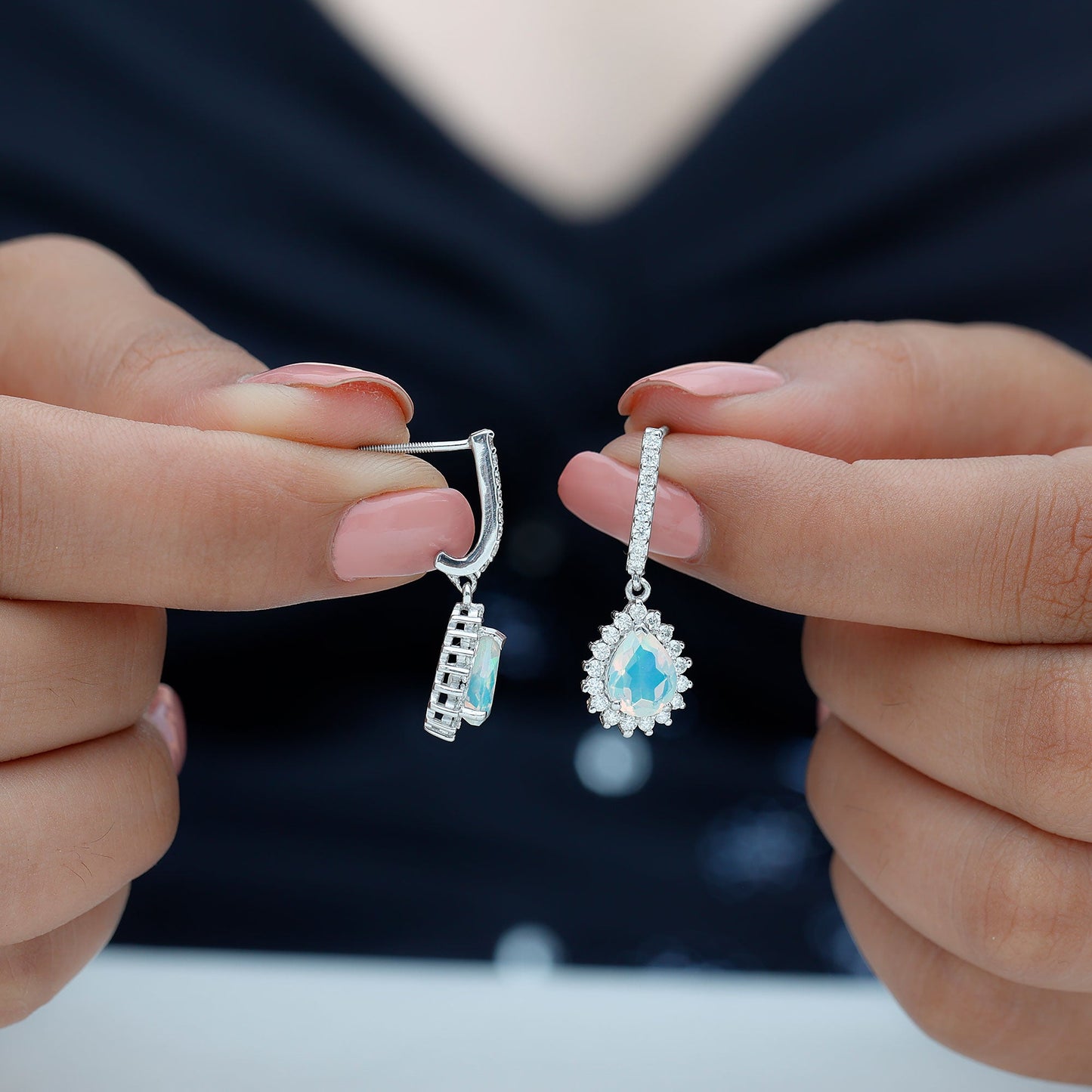 1.4 Carat Ethiopian Opal Teardrop Earrings with Moissanite Halo