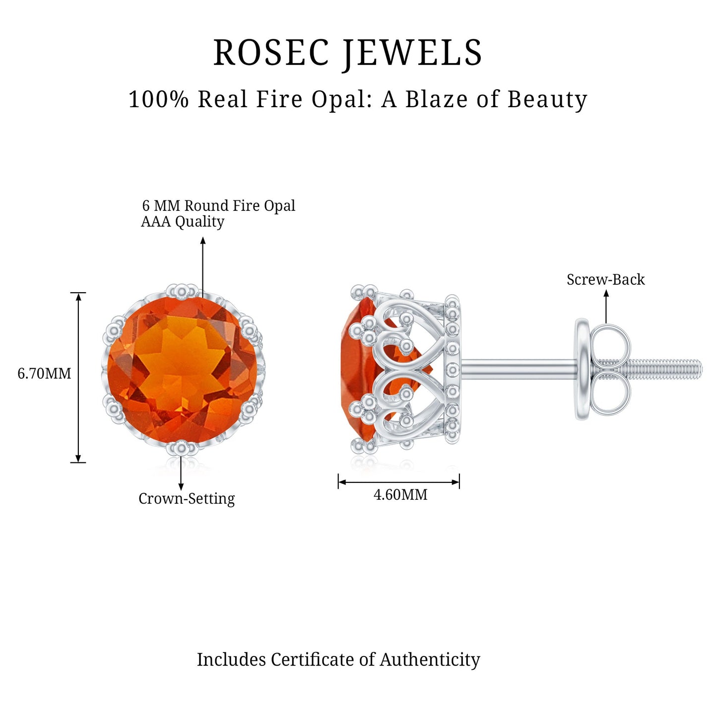 1.5 Carat Fire Opal Solitaire Crown Stud Earrings