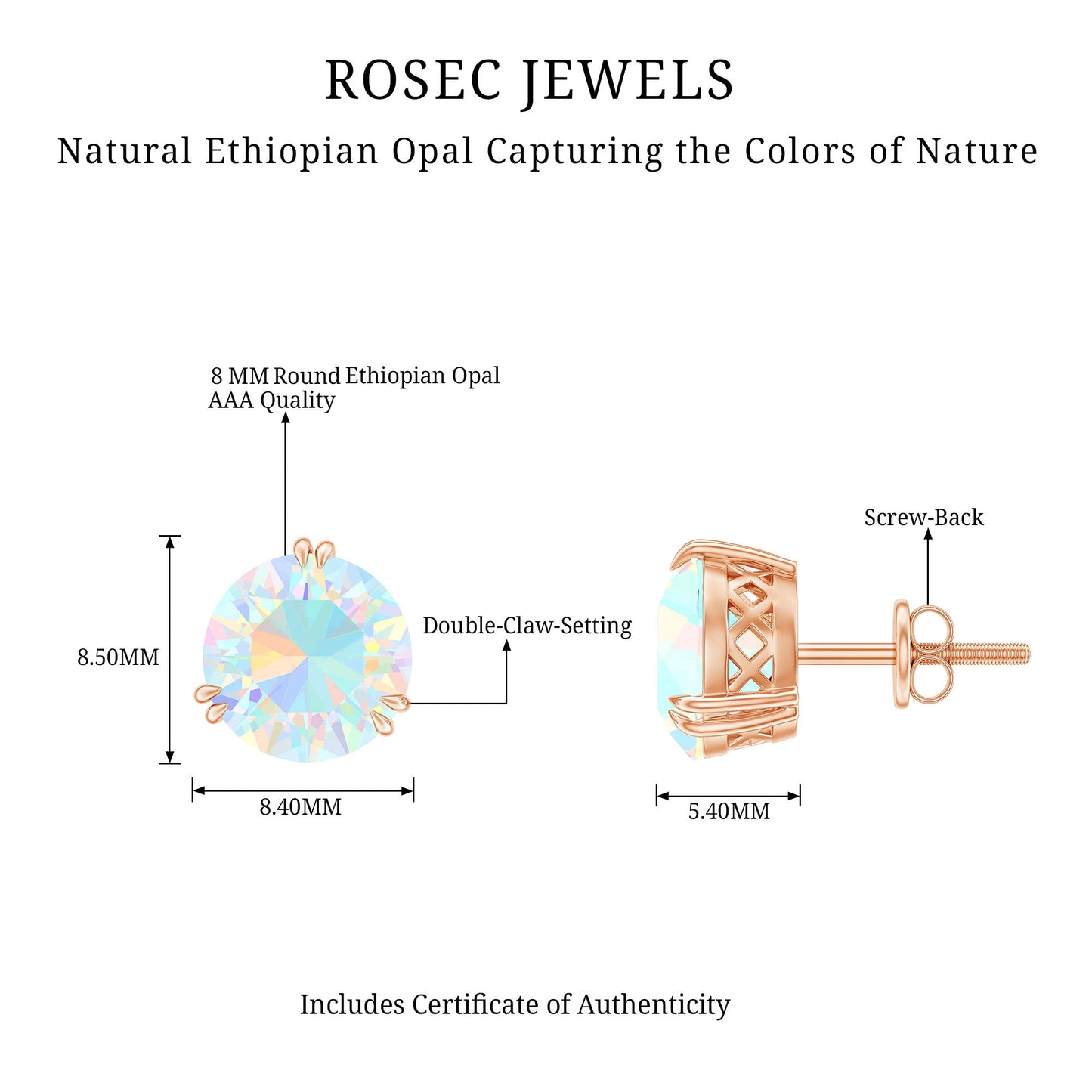 8MM Ethiopian Opal Solitaire Stud Earrings in Double Prong Setting