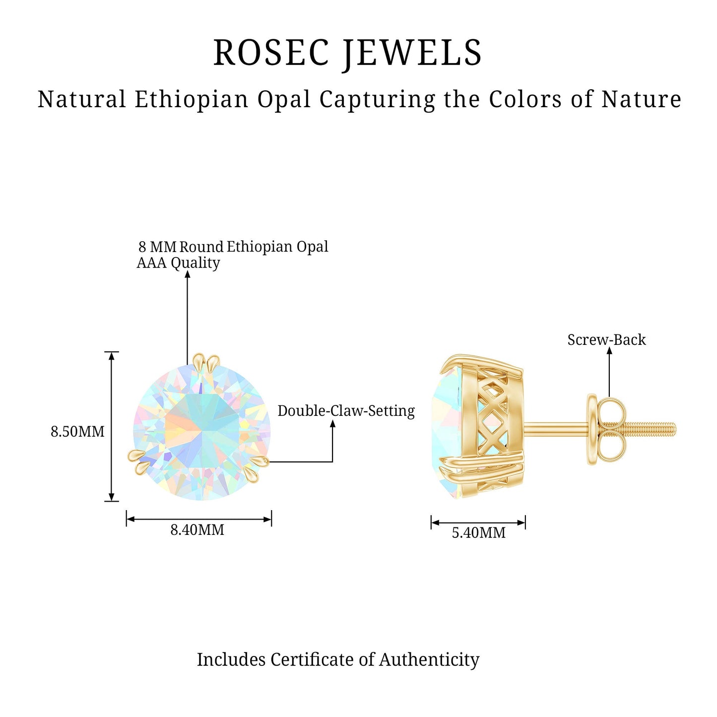 8MM Ethiopian Opal Solitaire Stud Earrings in Double Prong Setting