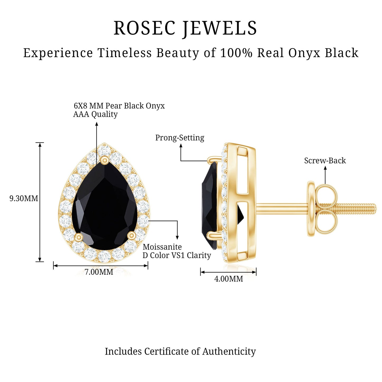 2 Carat Pear Cut Black Onyx and Moissanite Stud Earrings