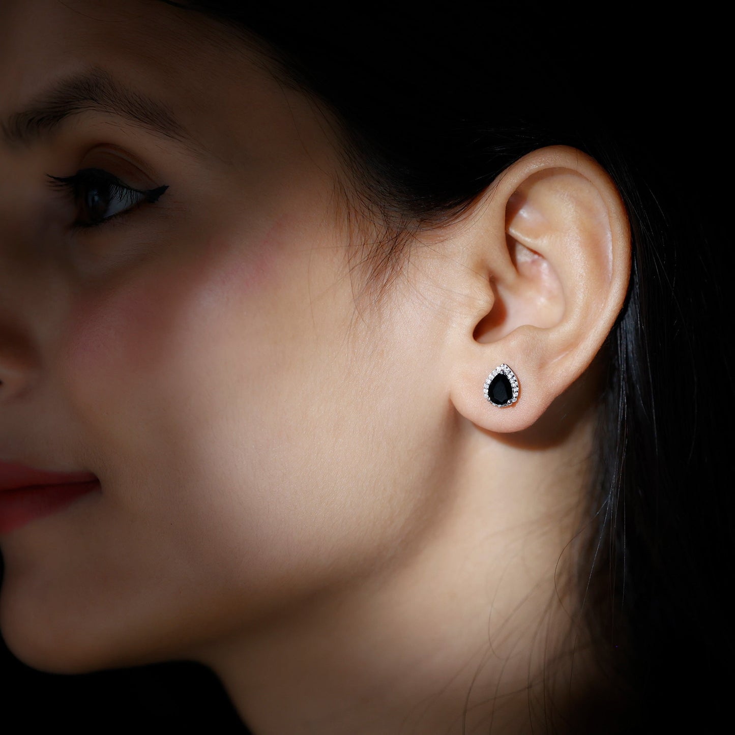 2 Carat Pear Cut Black Onyx and Moissanite Stud Earrings