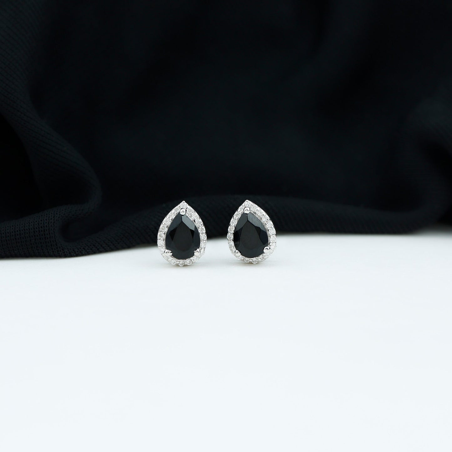 Natural 5X7 mm Pear Shape Black Spinel Earrings with Diamond Halo