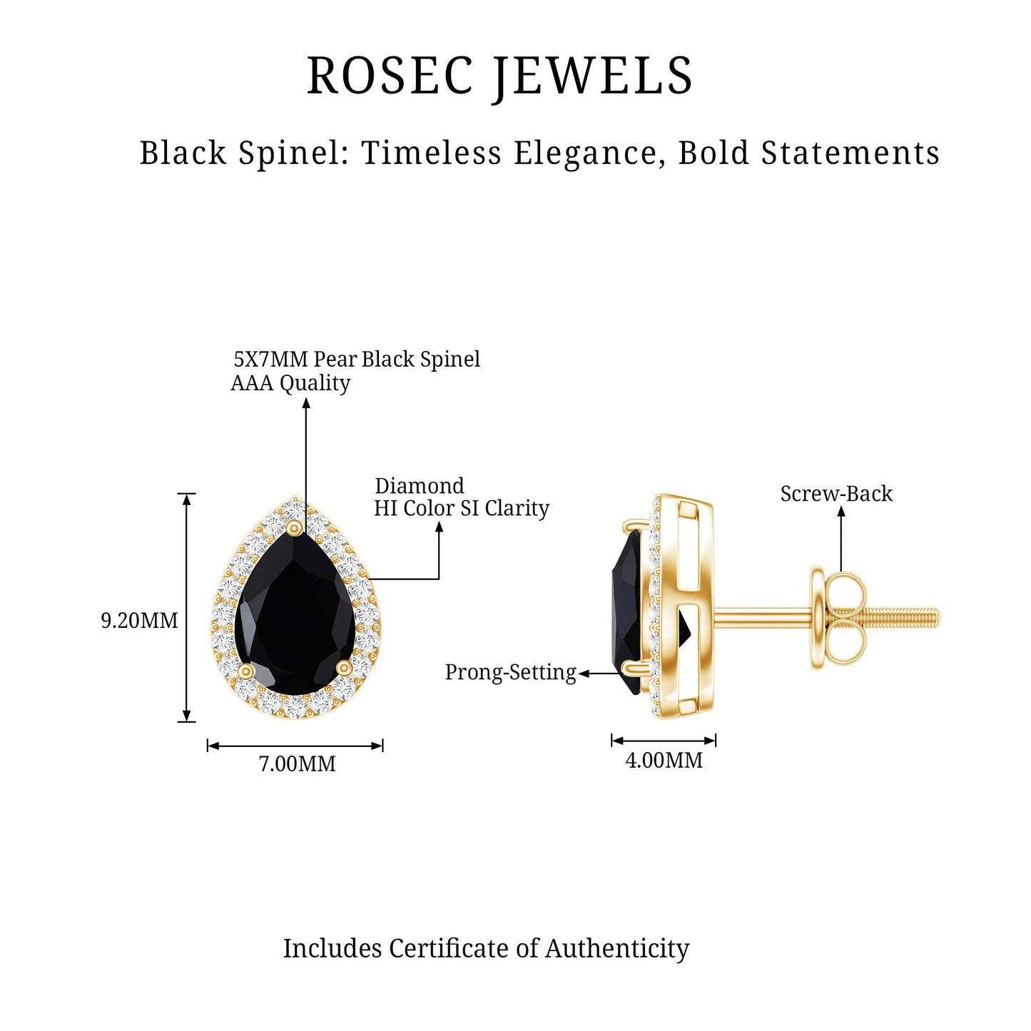 Natural 5X7 mm Pear Shape Black Spinel Earrings with Diamond Halo