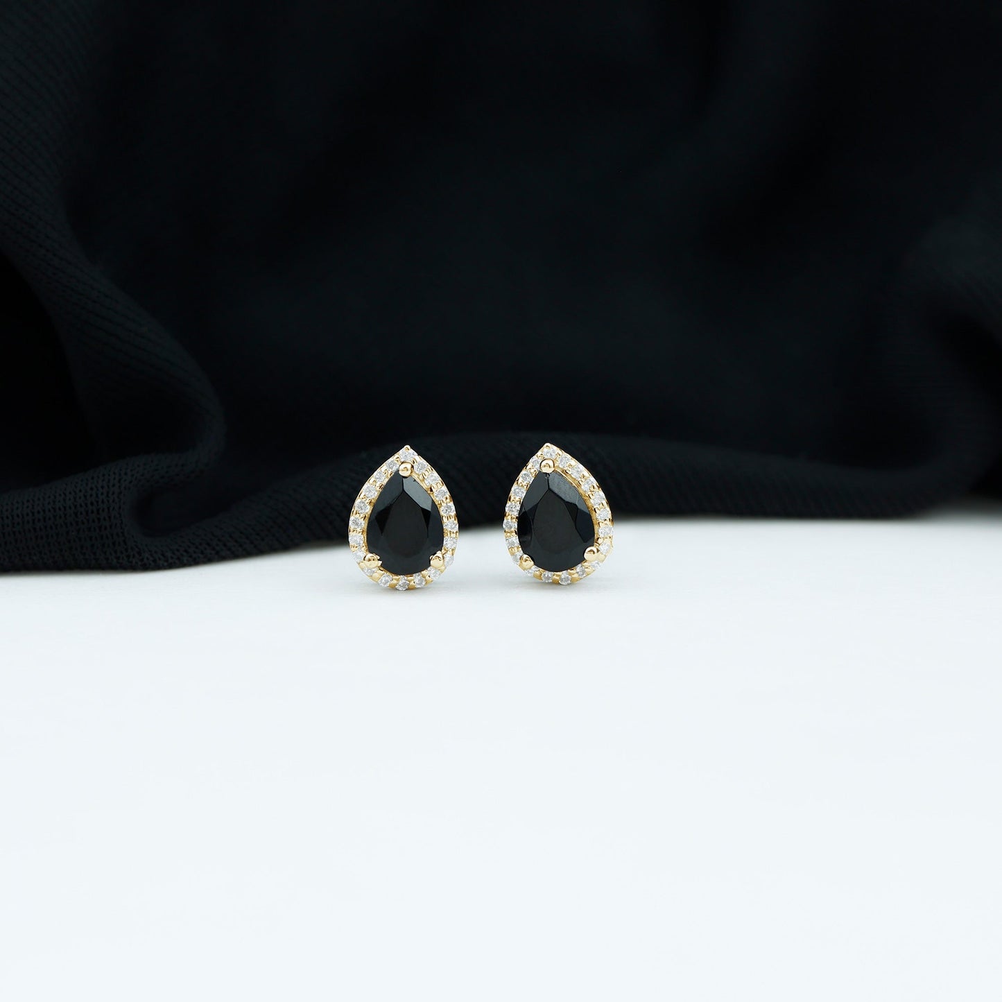 Natural 5X7 mm Pear Shape Black Spinel Earrings with Diamond Halo