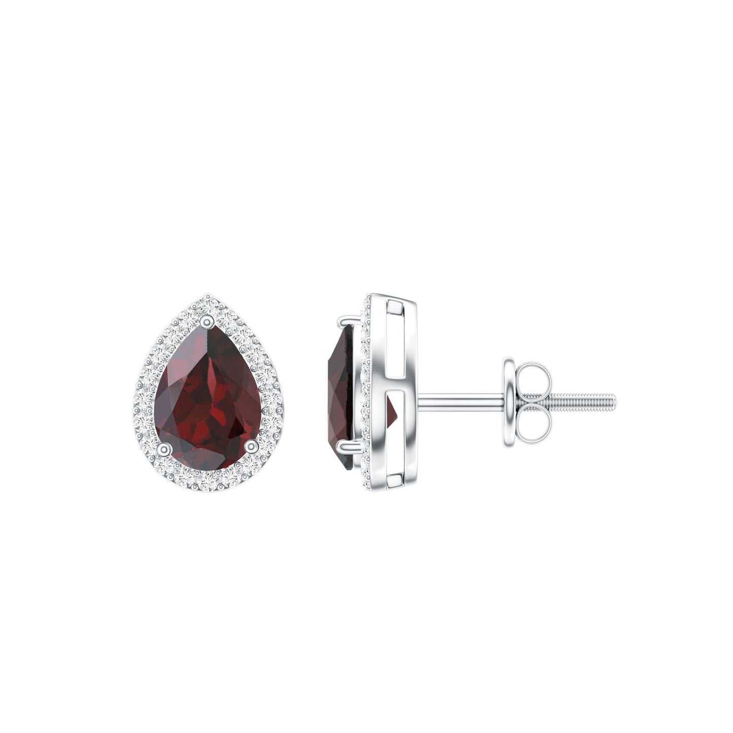 Natural 5X7MM Garnet Teardrop Stud Earrings with Diamond Halo