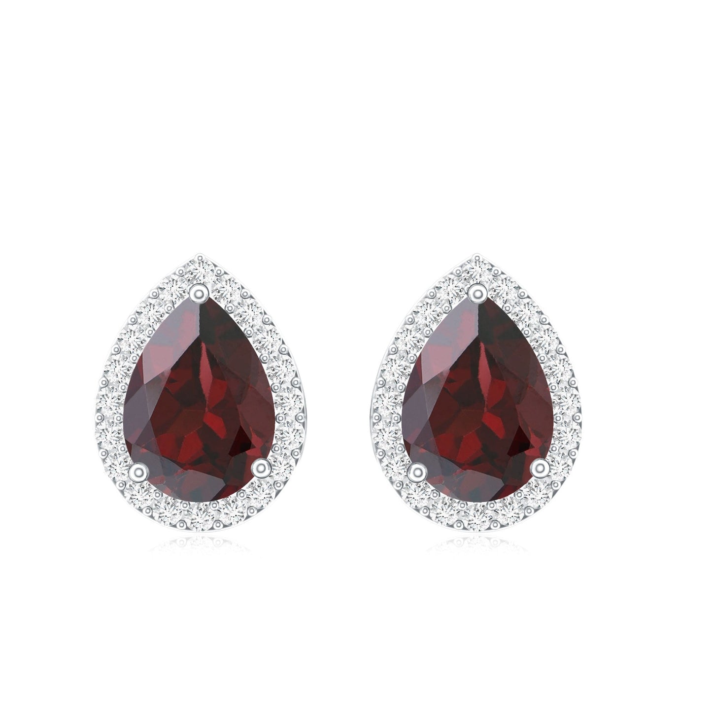Natural 5X7MM Garnet Teardrop Stud Earrings with Diamond Halo