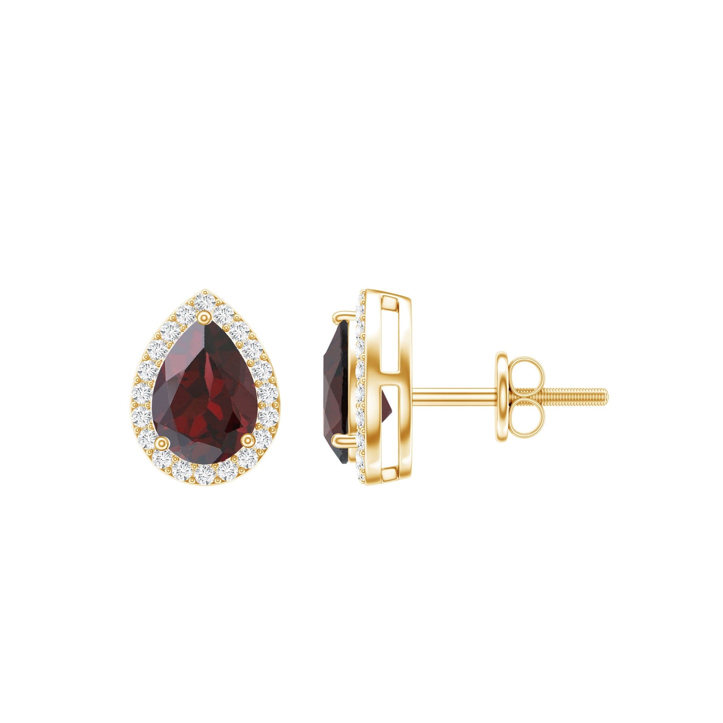 Natural 5X7MM Garnet Teardrop Stud Earrings with Diamond Halo