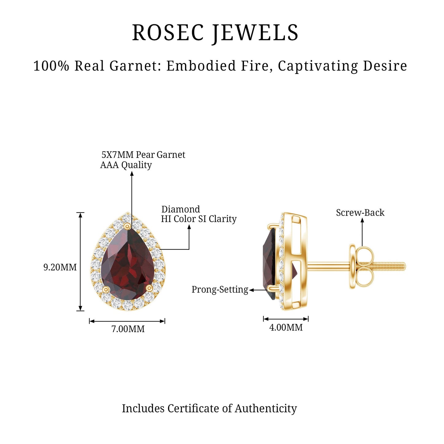 Natural 5X7MM Garnet Teardrop Stud Earrings with Diamond Halo