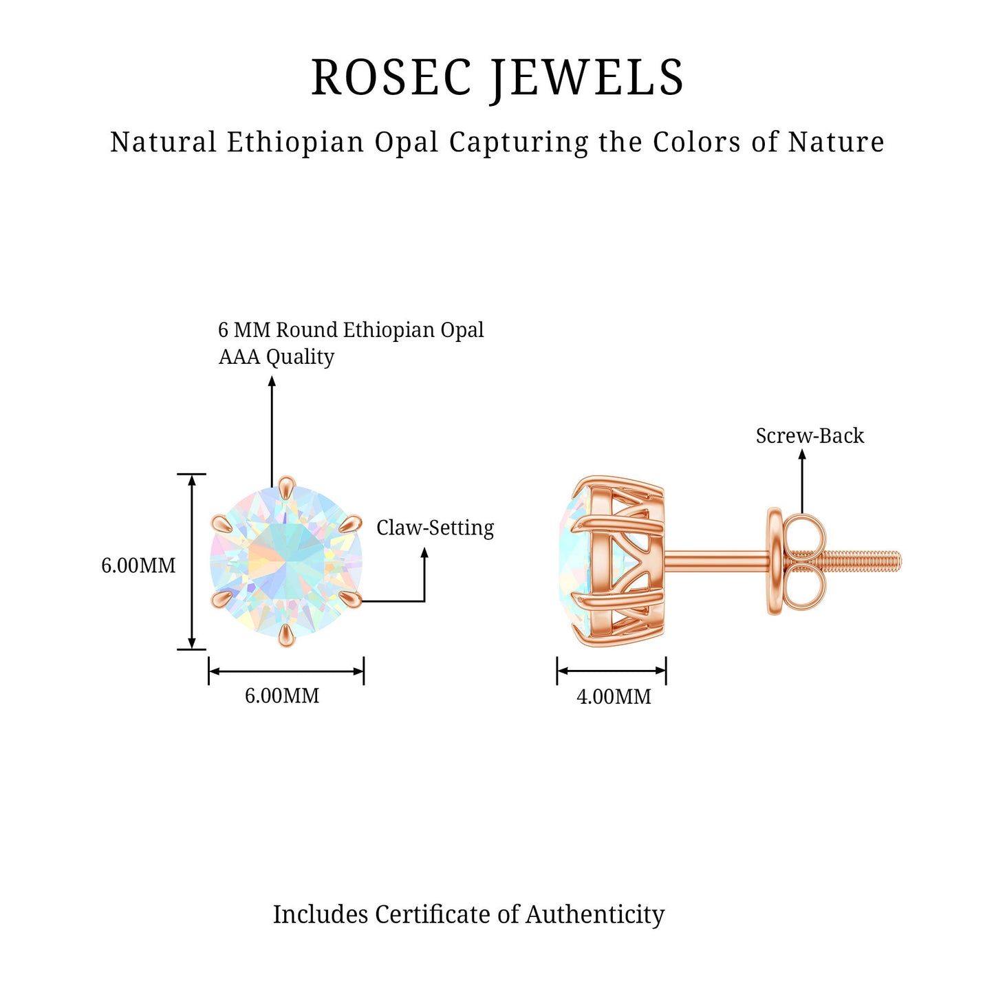 6MM Round Ethiopian Opal Solitaire Stud Earrings in 6 Claw Setting