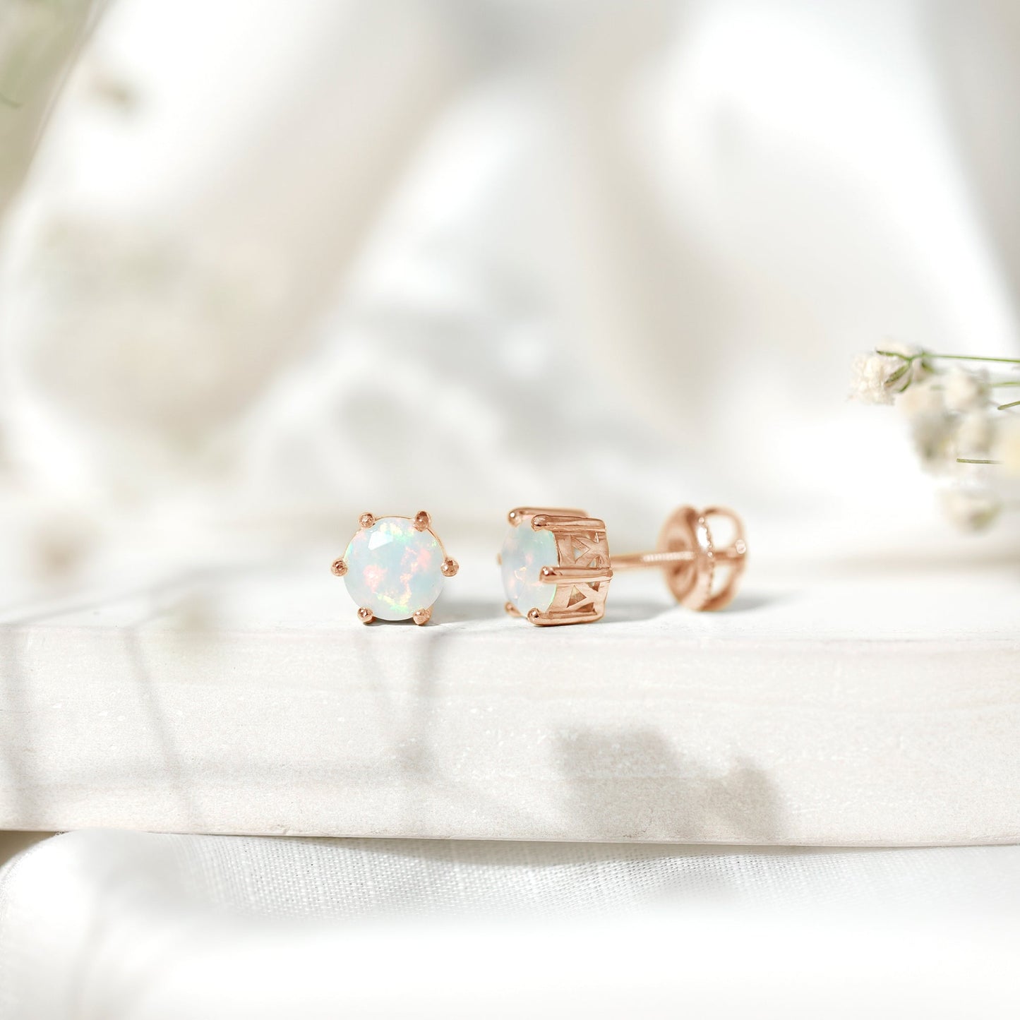 6MM Round Ethiopian Opal Solitaire Stud Earrings in 6 Claw Setting