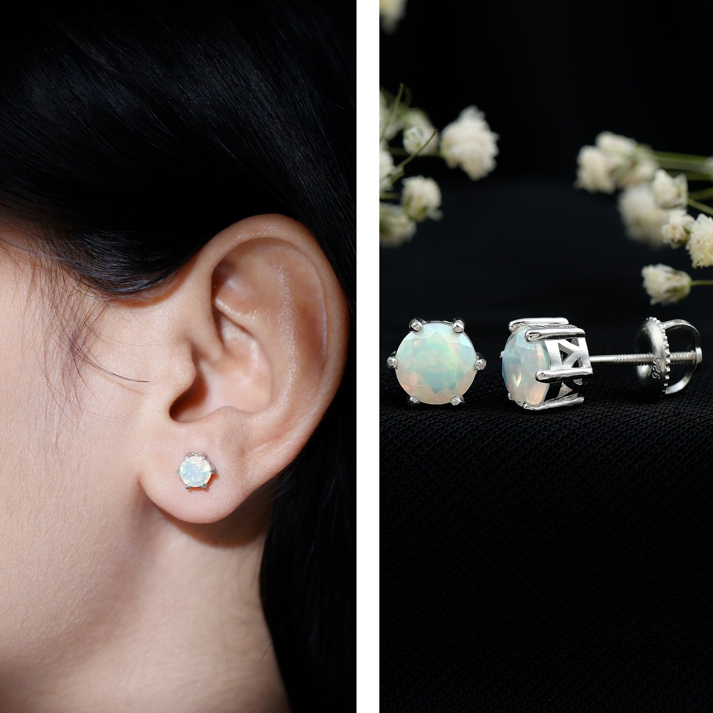 6MM Round Ethiopian Opal Solitaire Stud Earrings in 6 Claw Setting