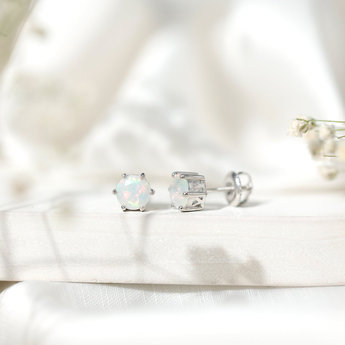 6MM Round Ethiopian Opal Solitaire Stud Earrings in 6 Claw Setting