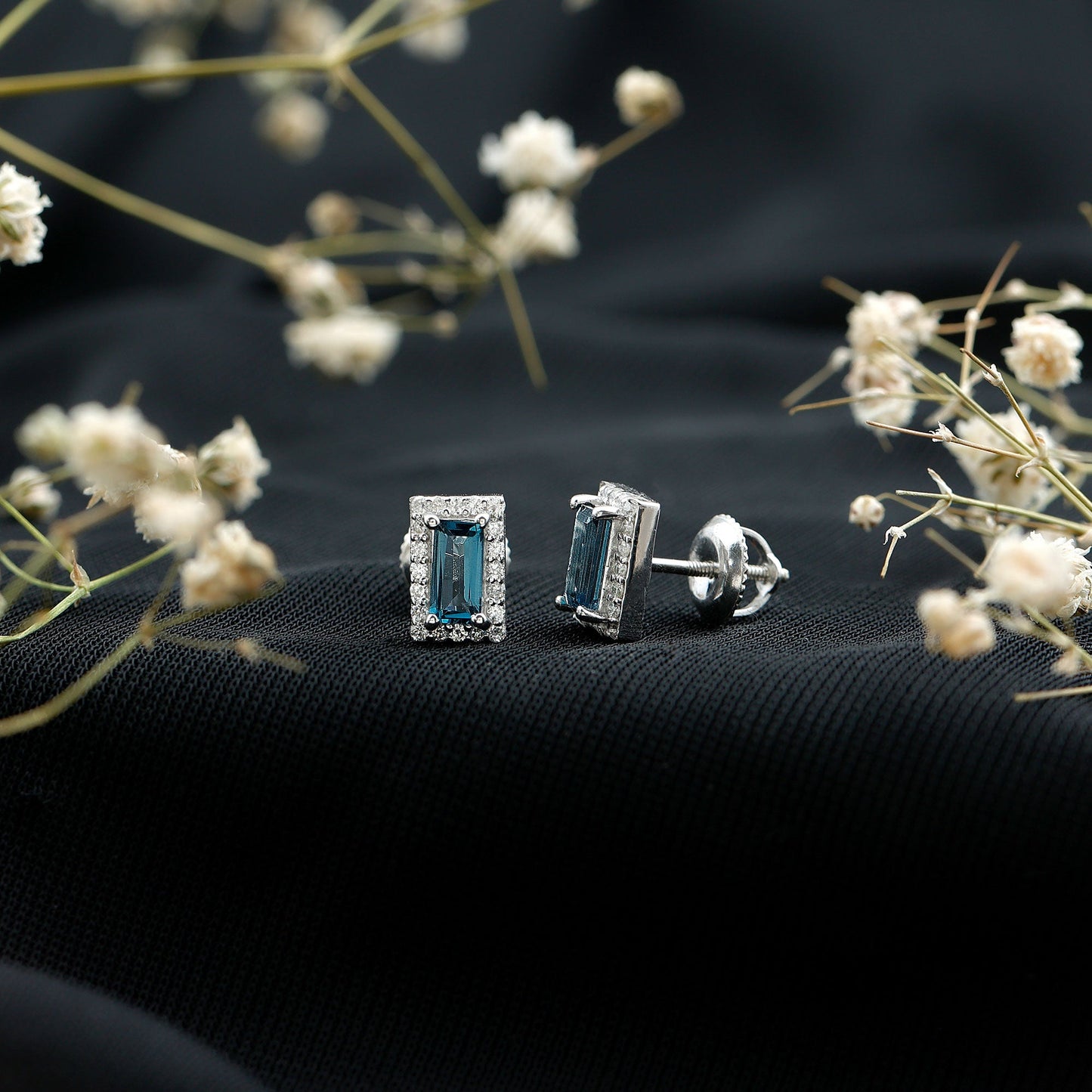 Natural Half Carat Baguette London Blue Topaz Stud Earrings with Diamond Halo