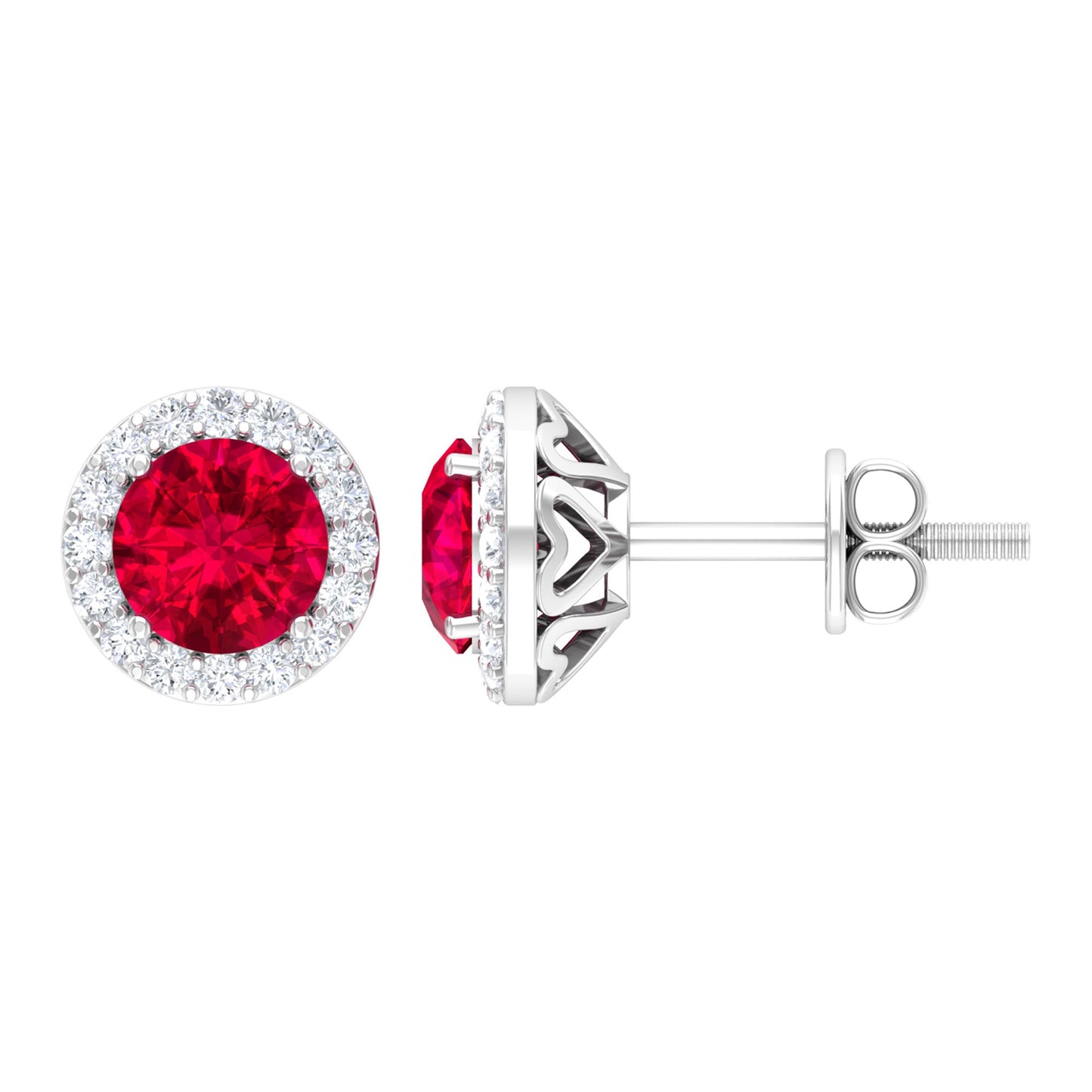 1.5 CT Lab Grown Ruby and Diamond Halo Classic Stud Earring