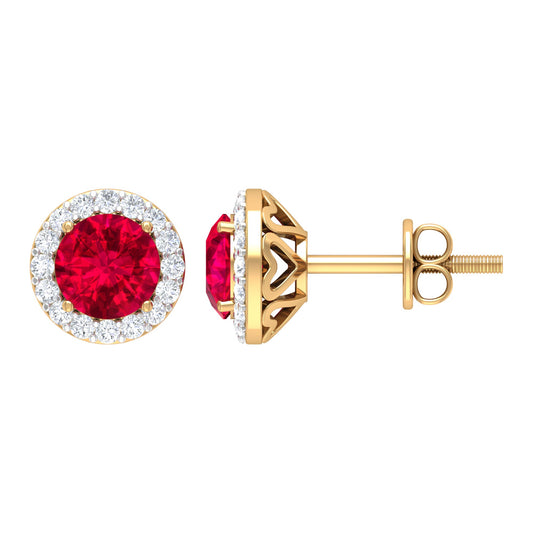 1.5 CT Lab Grown Ruby and Diamond Halo Classic Stud Earring