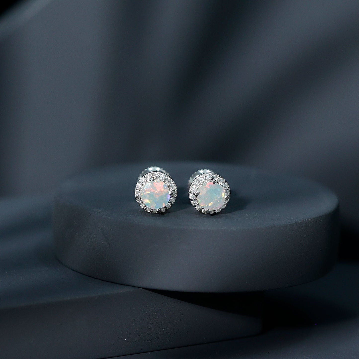 Sterling Silver 1 Carat Ethiopian Opal Stud Earrings with Halo