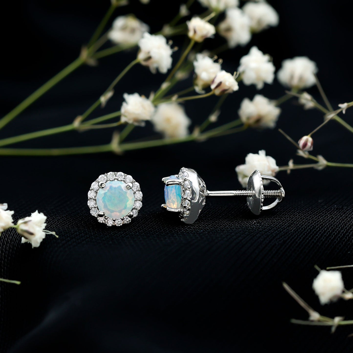 Sterling Silver 1 Carat Ethiopian Opal Stud Earrings with Halo
