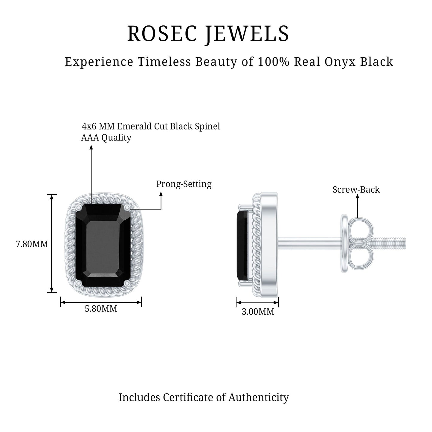 1.2 Carat Emerald Cut Black Onyx Stud Earrings in Silver